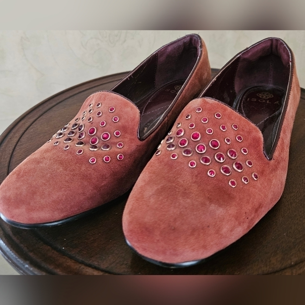 Isola Burgundy Genuine Suede Leather Red Stone Slip-on Flats Shoes-Size 6